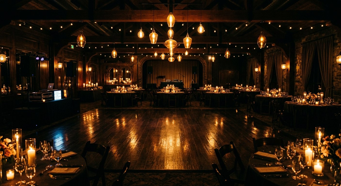 Empty wedding reception dance floor with warm amber lighting