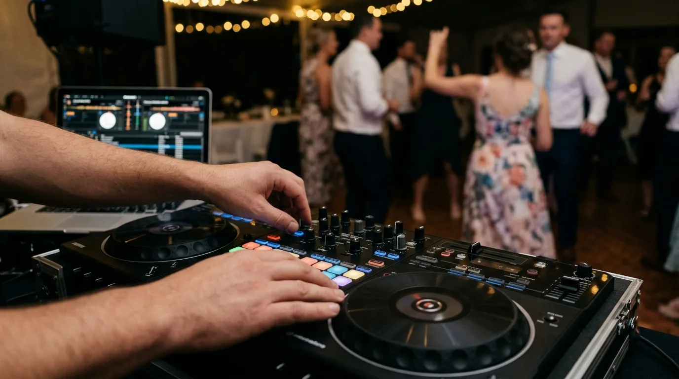 DJ mixing on a controller at a wedding reception while guests dance